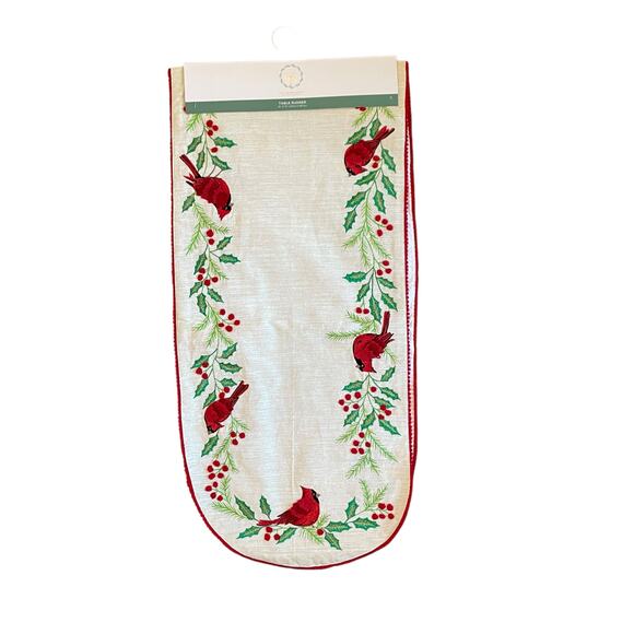 The Farmhouse Embroidered Red Cardinals Christmas Table Runner 16x72 Holiday New - Picture 9 of 16